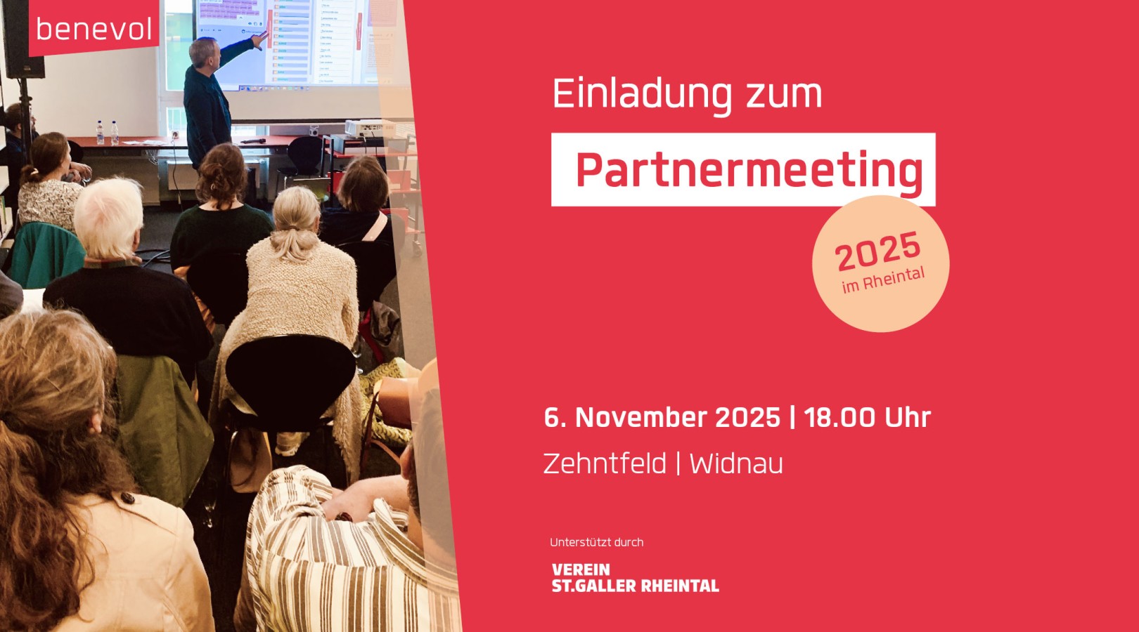 Visual Einladung zum Partnermeeting 2025 im Rheintal. Am 6. November 2025 um 18.00 Uhr im Zehntfeld, Widnau. Unterstützt durch Verein St.Galler Rheintal