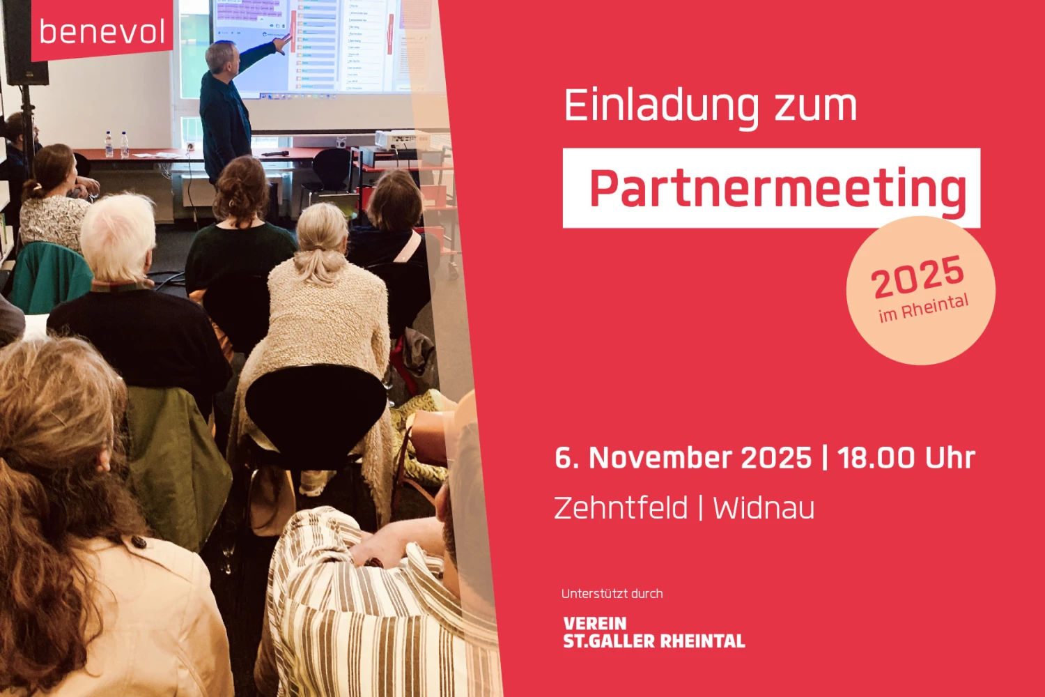 Visual Einladung zum Partnermeeting 2025 im Rheintal. Am 6. November 2025 um 18.00 Uhr im Zehntfeld, Widnau. Unterstützt durch Verein St.Galler Rheintal